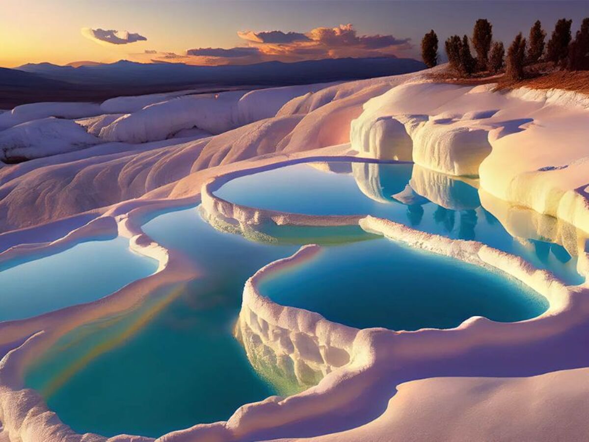 Pamukkale, located in the western Turkish province of Denizli, is a natural marvel that attracts visitors from all over the world. The name "Pamukkale" translates to "cotton castle" in Turkish, aptly describing the area's white travertine terraces.

The most striking feature of Pamukkale is its terraces, formed over centuries by mineral-rich thermal waters cascading down the mountainside. These natural formations are renowned for their pools and layers of calcium carbonate deposits. Walking on the terraces and bathing in the cool thermal waters are essential experiences during a visit to Pamukkale.

However, Pamukkale is not just about its terraces. It also hosts the ancient city of Hierapolis, a UNESCO World Heritage Site. Hierapolis flourished under the Roman Empire and boasts well-preserved ruins, including a vast necropolis, Roman baths, and a theater with stunning views over the terraces.

In addition to its natural and historical attractions, Pamukkale offers visitors a chance to relax and rejuvenate in its mineral-rich waters while taking in breathtaking views of the surrounding landscape. Whether you're interested in history, natural beauty, or simply enjoying a tranquil getaway, Pamukkale promises an unforgettable experience.